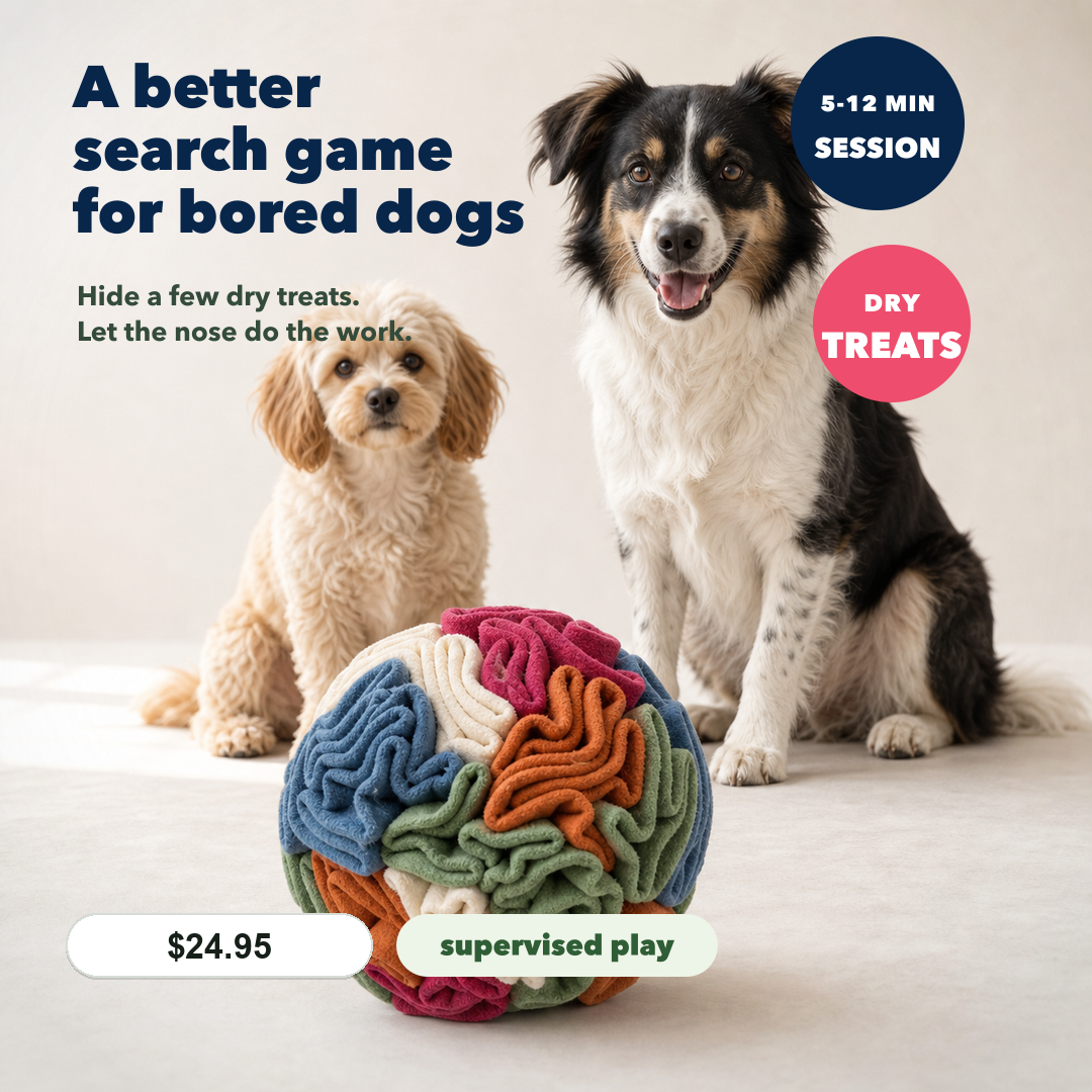 TuckTreat Snuffle Ball product hero with two dogs and offer badges
